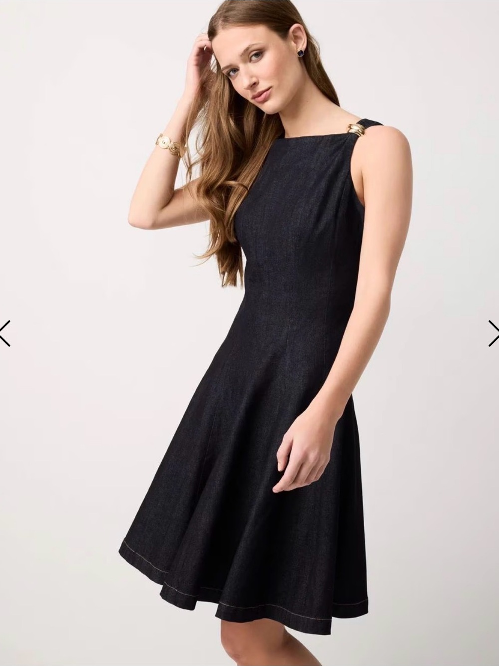 White House Black Market Denim Sleeveless A-Line Dress with Gold Accent